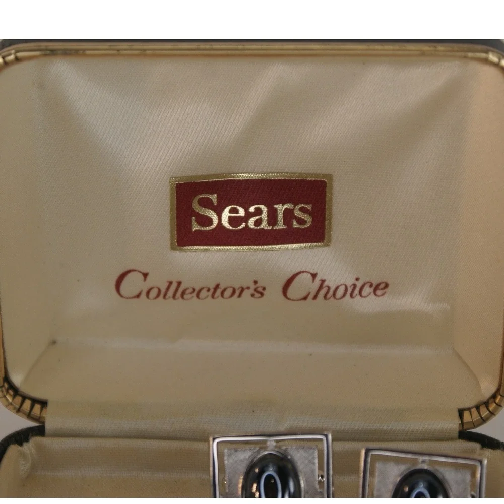 Vintage Sears Collectors Choice Mens Cufflinks & Tie Tac Silver Tone Black Stone